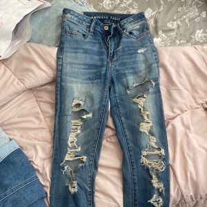 American eagle high rise distressed jeans, next level stretch size 0